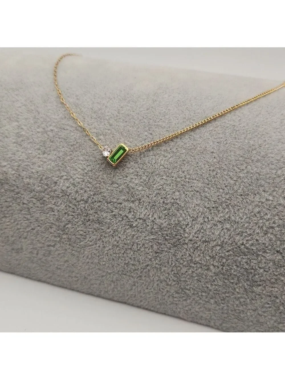 18K Gold Plated Dual-Chain Simulated Green Baguette and Round Zircon Necklace